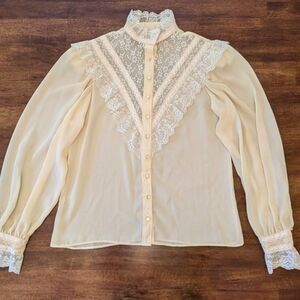 Vintage Victorian Revival High Neck Button Front Lace Cream Long Sleeve Blouse 7